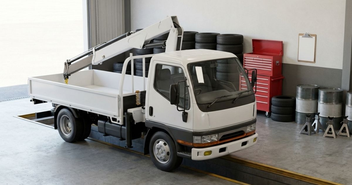 2tユニックを整備工場前で撮影し維持費の雰囲気を伝える写真