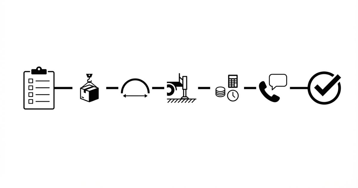 吊り荷・作業半径・設置・料金条件の4点を揃えて伝える判断軸の文字なし図解