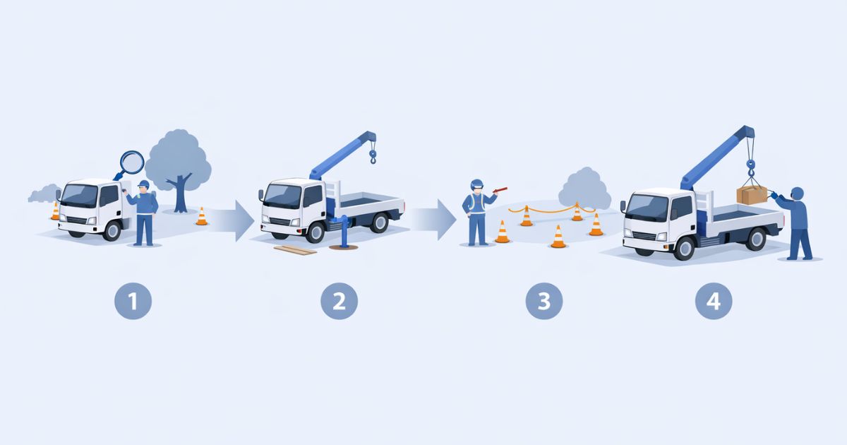 2tユニック作業前の安全確認手順を示した図解