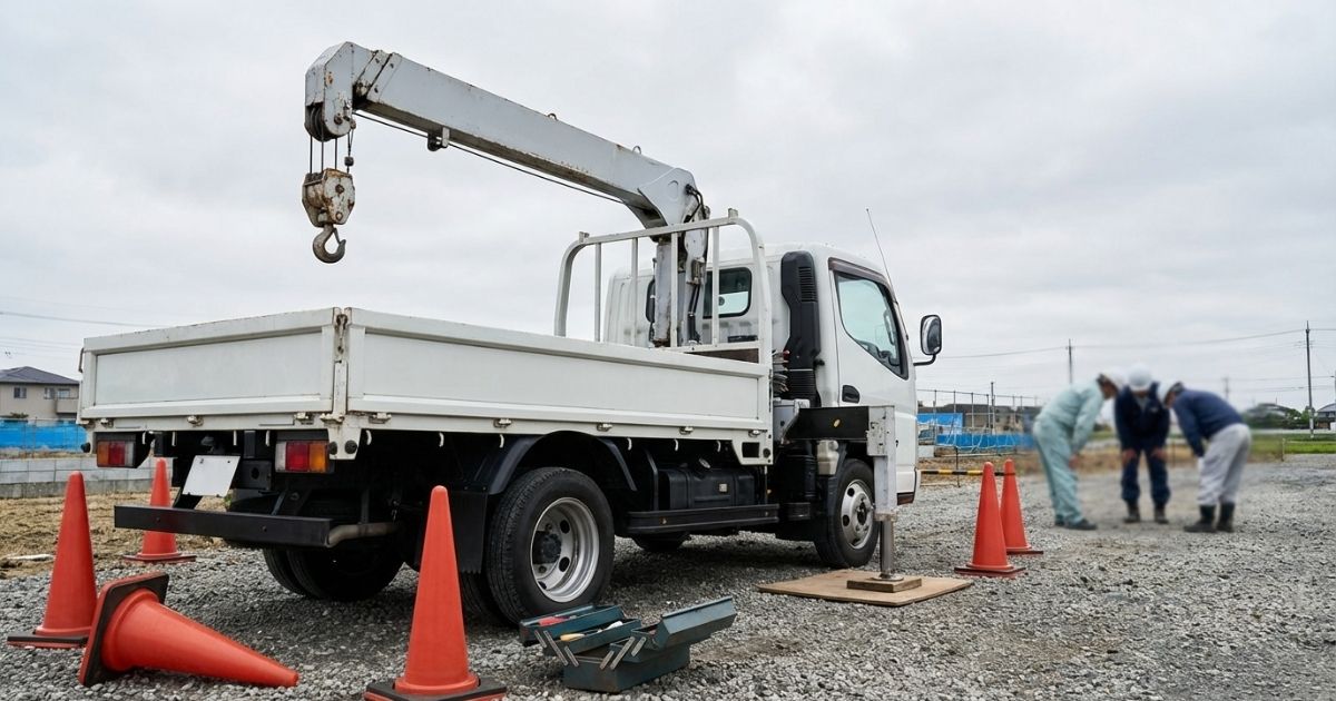 2tユニックが現場手前で作業停止を判断する雰囲気の写真