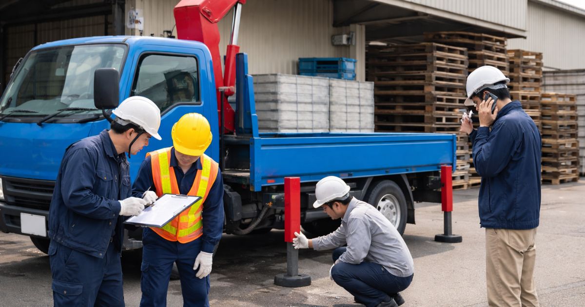2tユニックの異常発見後に停止して報告と確認を進める現場イメージ