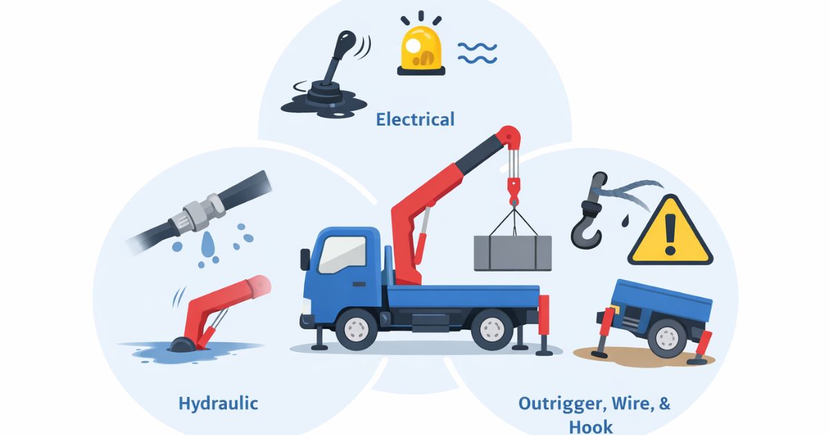 2tユニックの故障事例を油圧系・電気操作系・安全直結部で整理した図