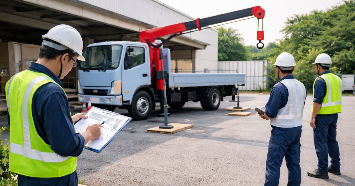 2tユニック作業前に安全条件を確認している現場イメージ