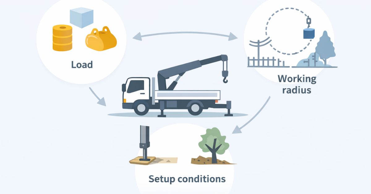 吊り荷と作業半径と設置条件の関係を整理した図