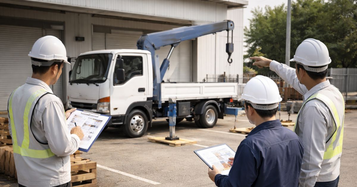 2tユニック作業前に安全確認と役割分担を行う現場イメージ