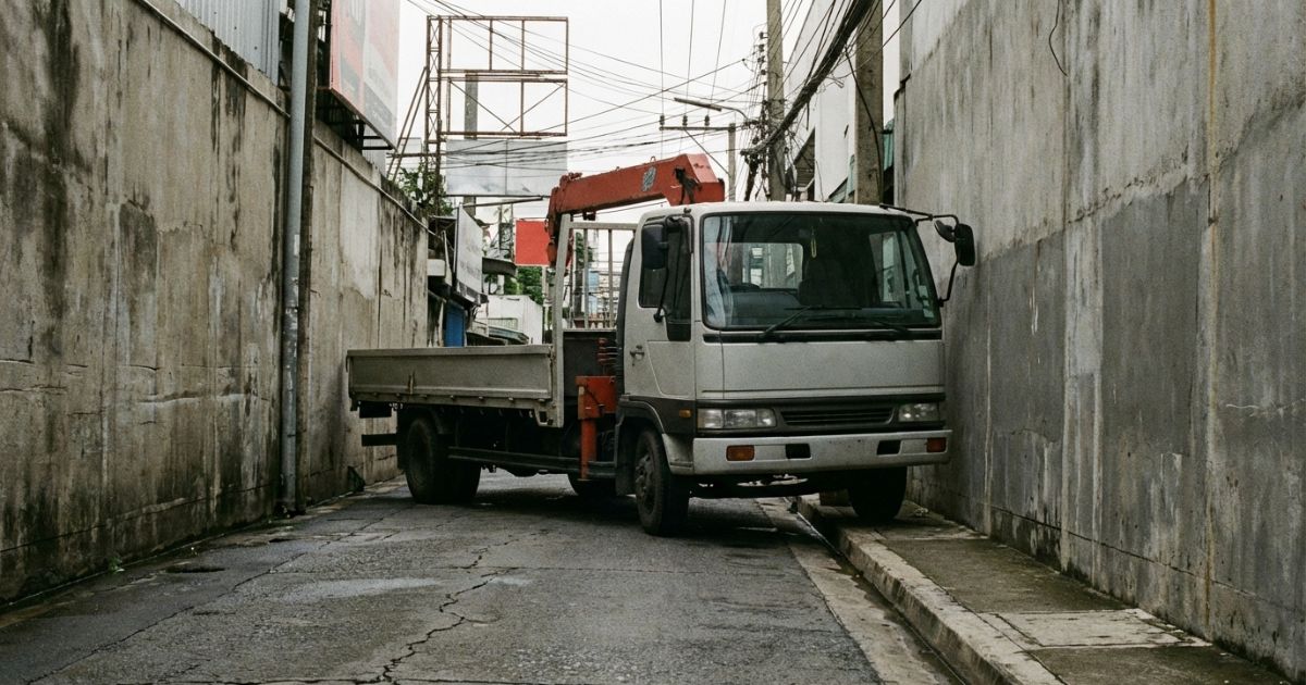 狭い設置条件で2tユニックの余裕が取りにくい現場を想定した写真