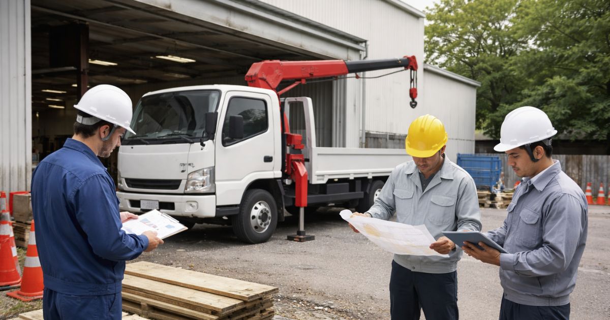作業前に設置条件と書類を確認する2tユニック現場のイメージ