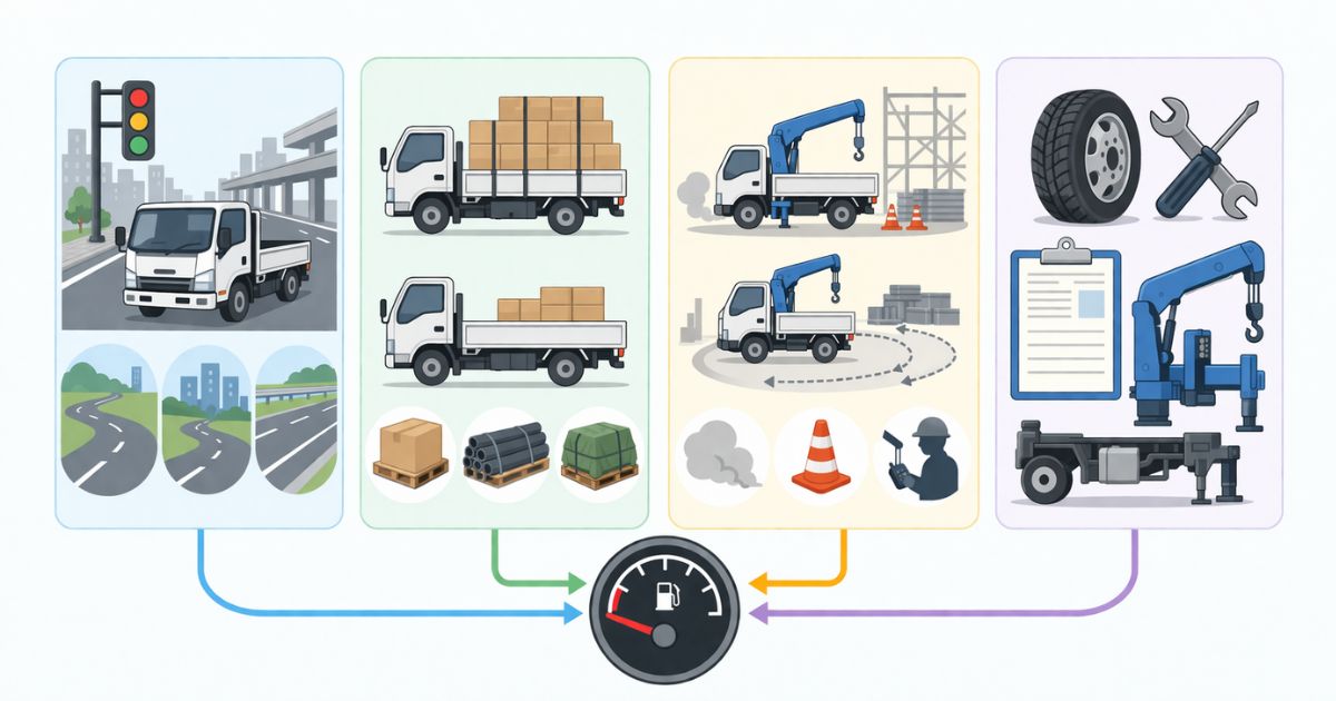 2tユニックの燃費に影響する条件を整理した比較図