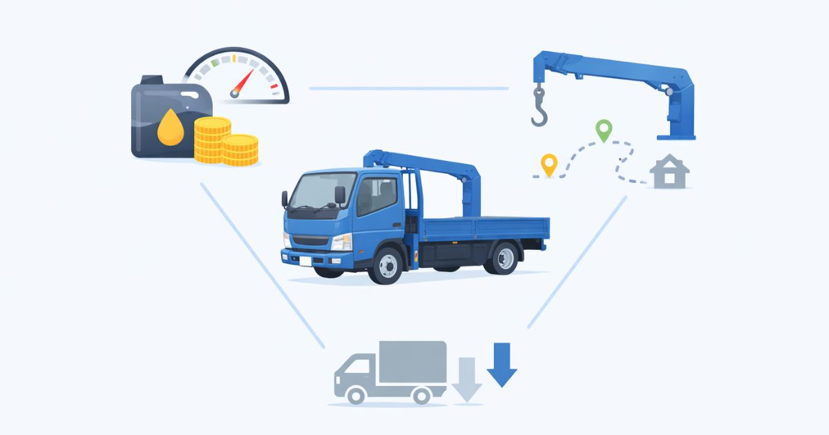 2tユニックの燃費を総コストで判断する軸を示した図解