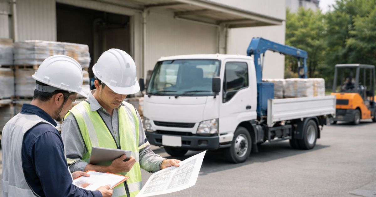 荷役手段と設置条件を確認している現場のイメージ