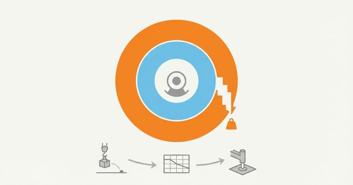 作業半径の境界線を越えると能力が急低下する判断軸の図解