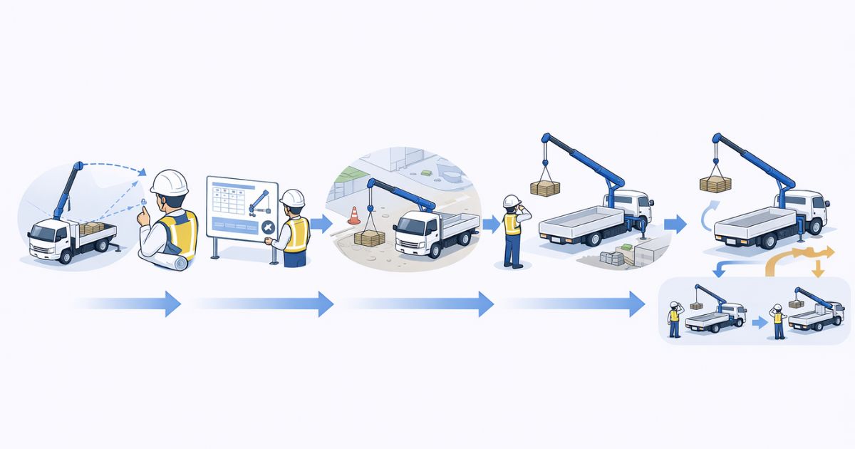 2tユニックの手配前から当日再判定までの確認フロー図