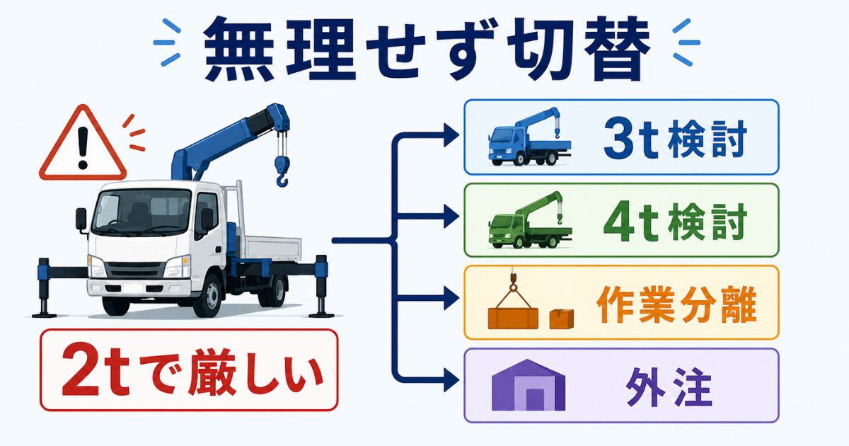 2tユニックで条件が厳しい場合に3t検討・4t検討・作業分離・外注へ切り替える判断を示す図解