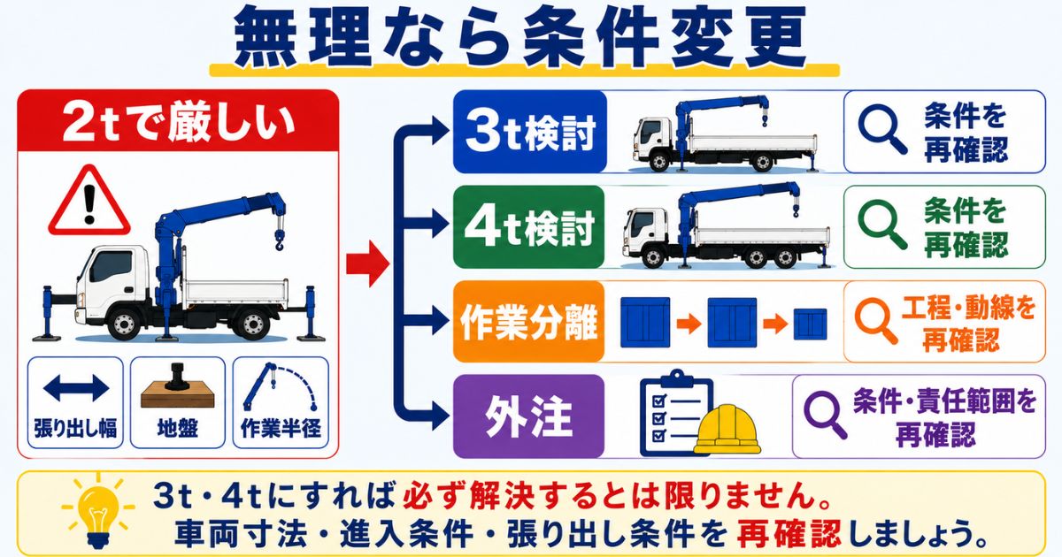 2tユニックで条件が厳しい場合に3t検討・4t検討・作業分離・外注へ切り替える判断を示す図解
