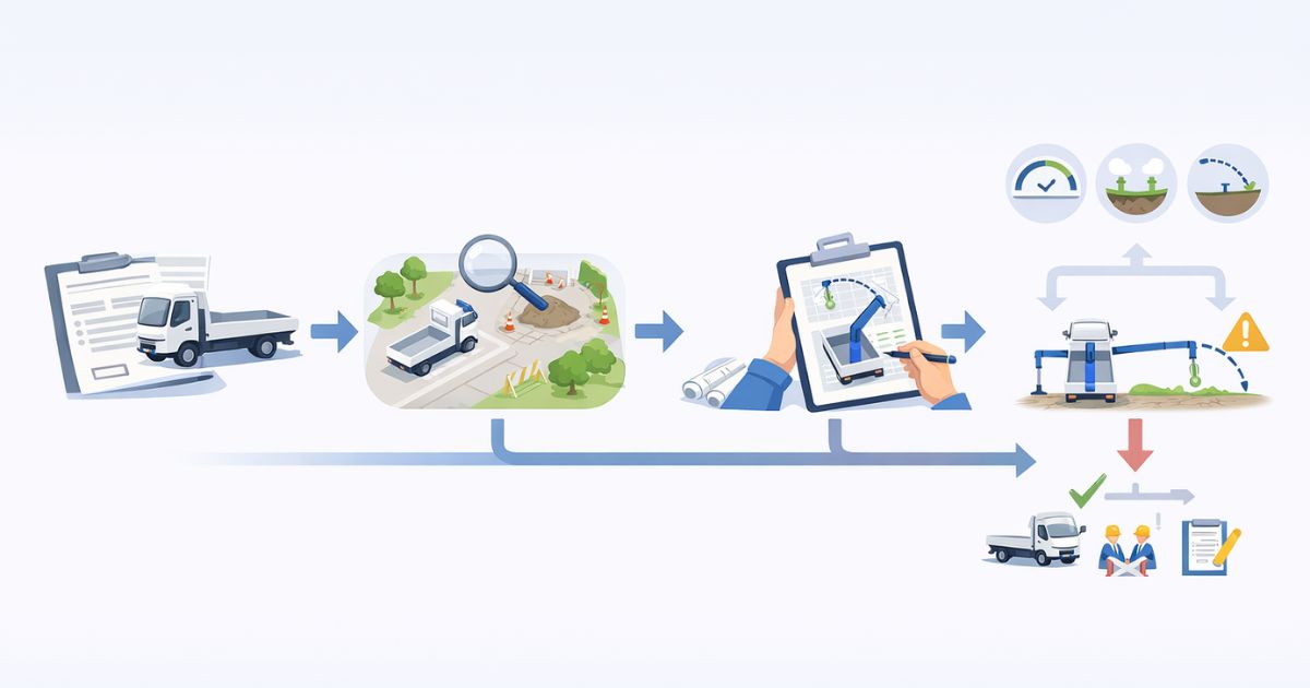 2tユニックのアウトリガー設置可否を確認する流れを示した図解