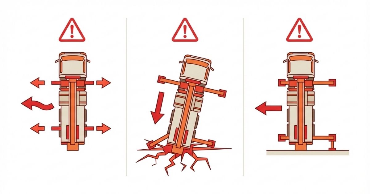 張り出し不足や地盤沈下などアウトリガー失敗リスクを示す図解