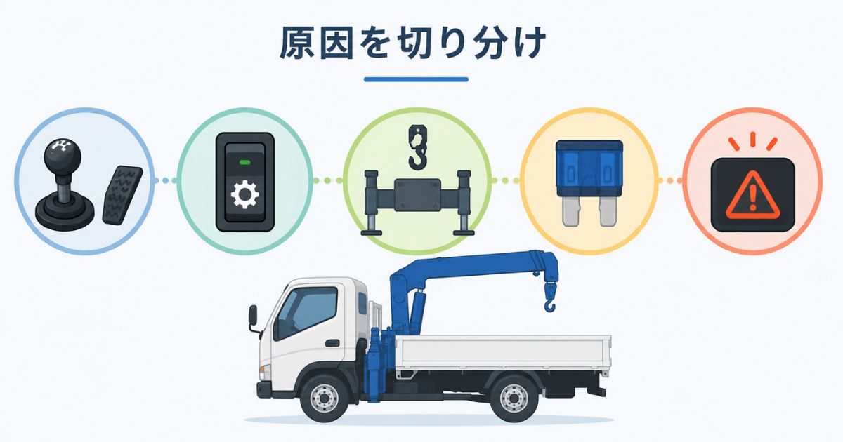 2tユニックのPTOが入らない原因を車両条件や警告灯などで切り分ける図解