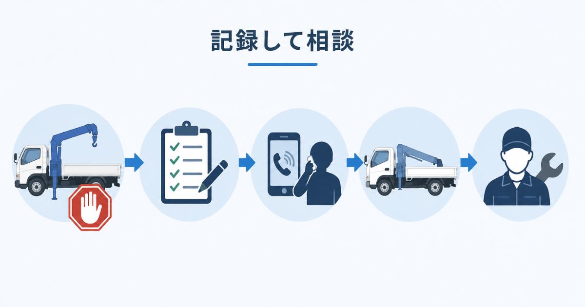 PTO不調時に停止して記録し連絡や整備相談へ進む流れの図解