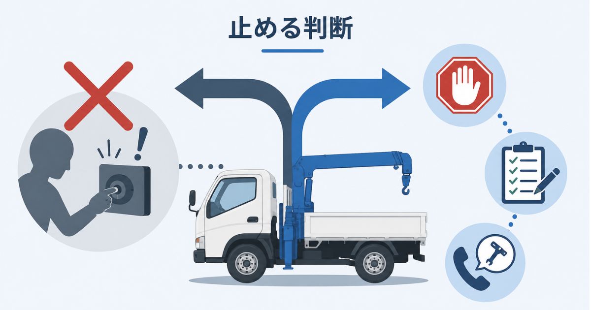 2tユニックのPTO不調時に止めて確認する判断を示す図解