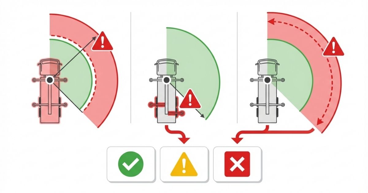 作業半径の見込み違いで起きる失敗と判断分岐を示す図解