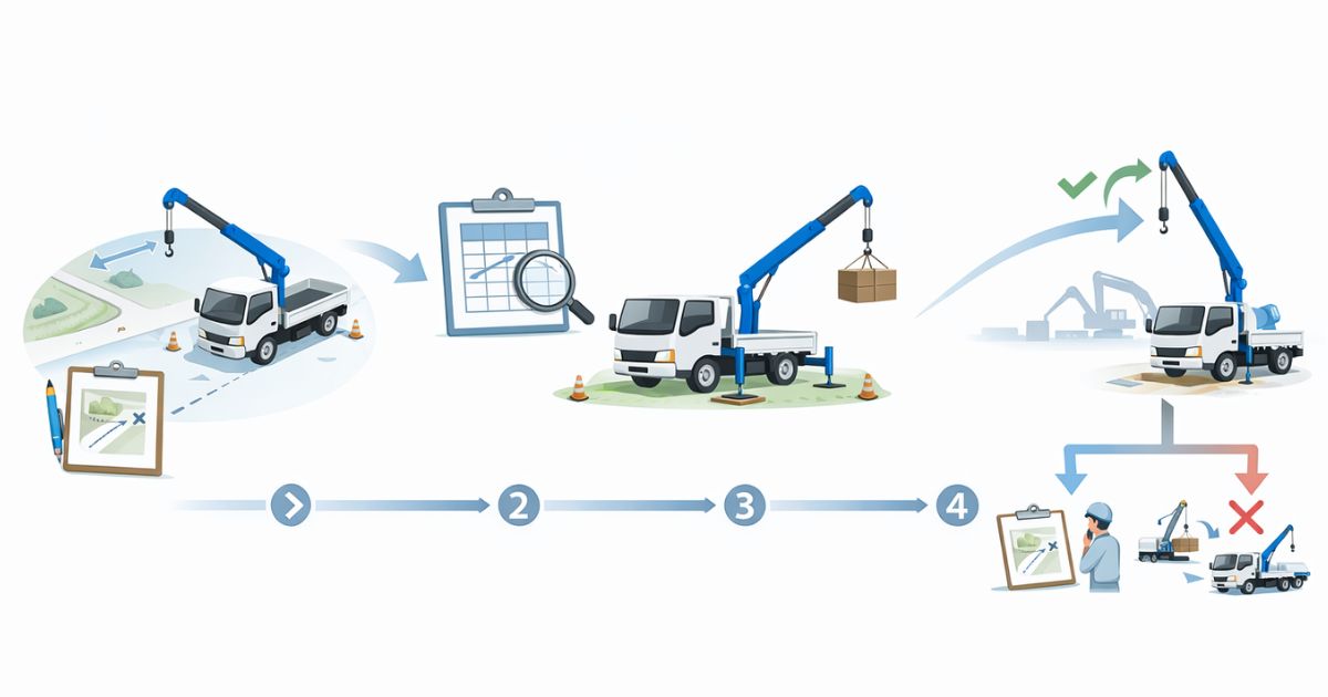 2tユニックの手配前から当日判断までの確認手順を示す図解