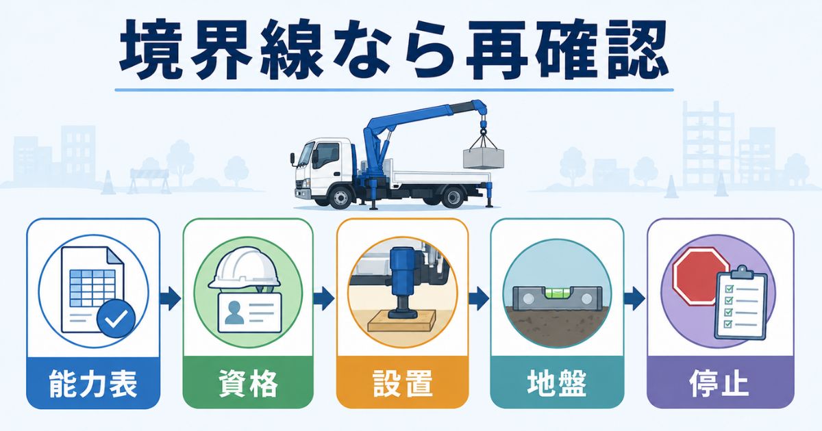 2tユニックの作業半径が境界線付近のときに能力表や地盤を再確認する安全確認フロー