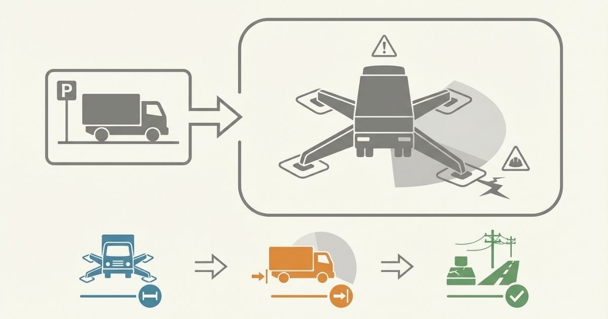 停車と作業を分けて必要幅と長さで判断する軸の図解