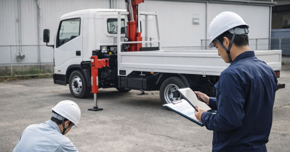 2tユニックの停止判断前に現場条件を確認している実務イメージ