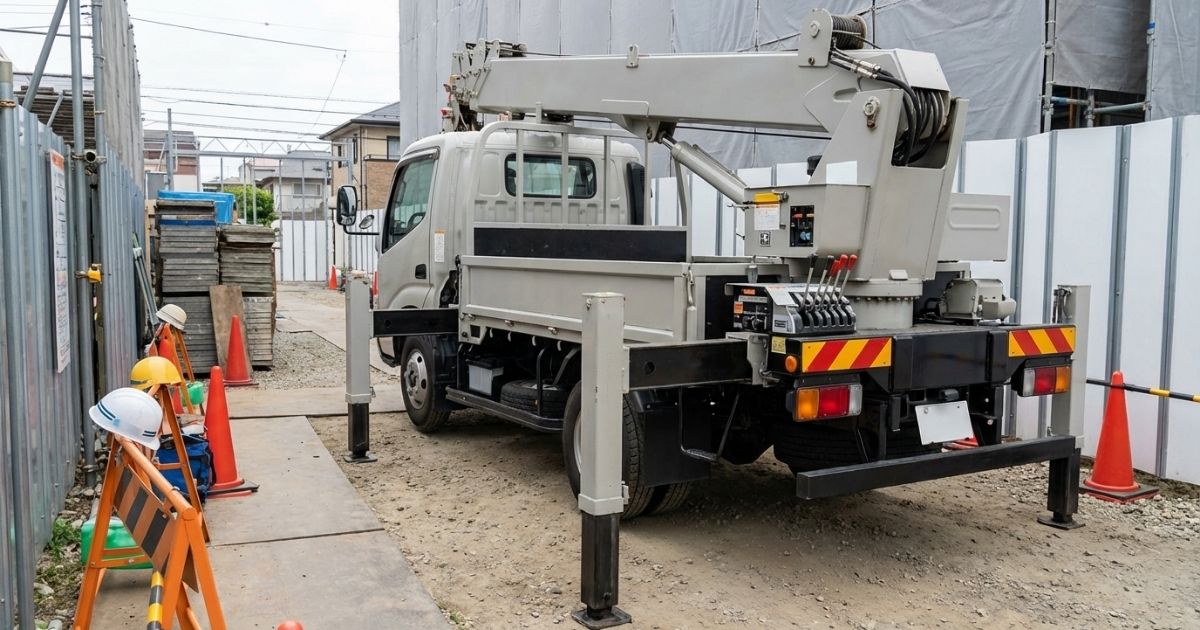 2tユニックの操作可否を段取り前に確認している現場の写真