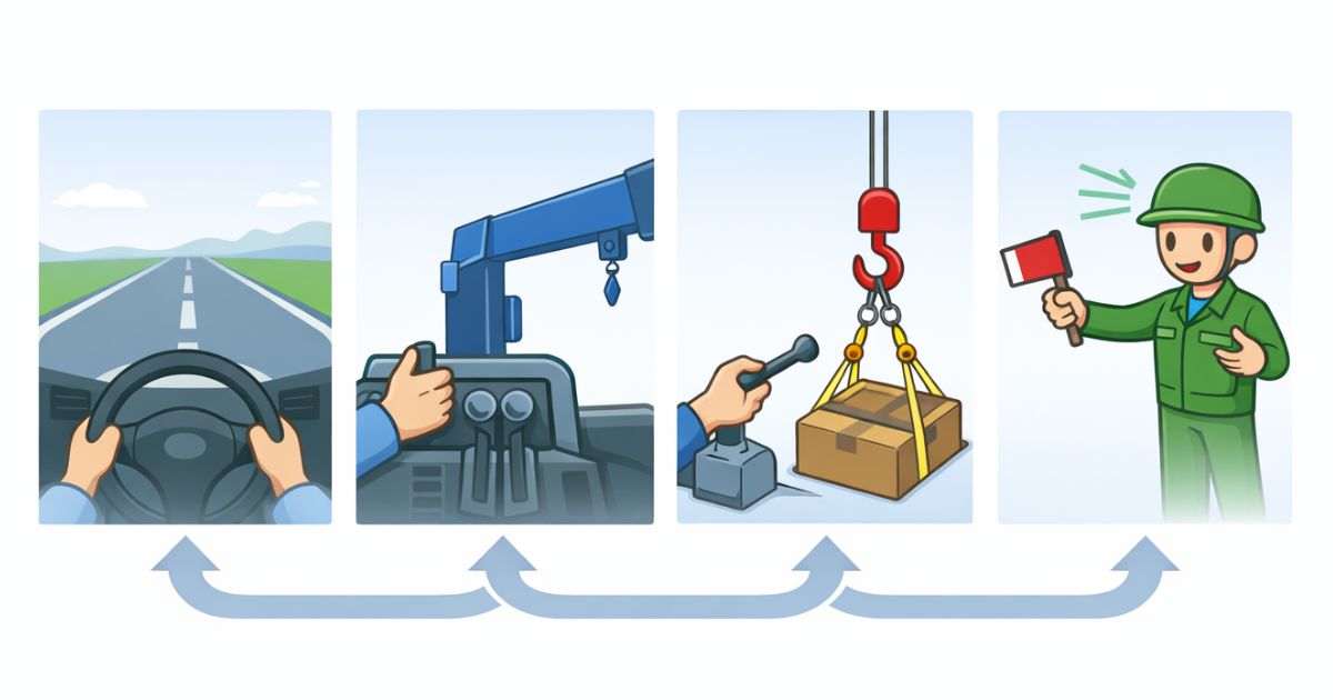2tユニックの運転・操作・玉掛け・合図の役割の違いを示す図解