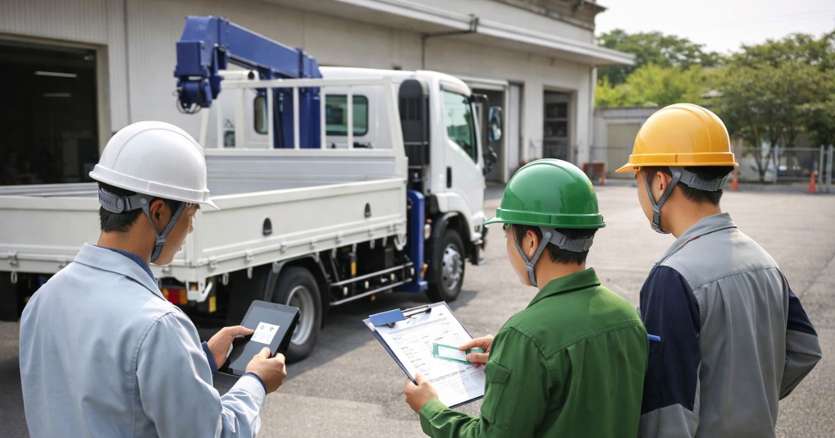 2tユニック作業前に安全条件と役割分担を確認している現場イメージ