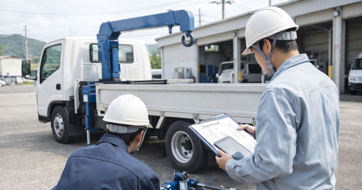 2tユニックの整備履歴と車両状態を現場で確認しているイメージ