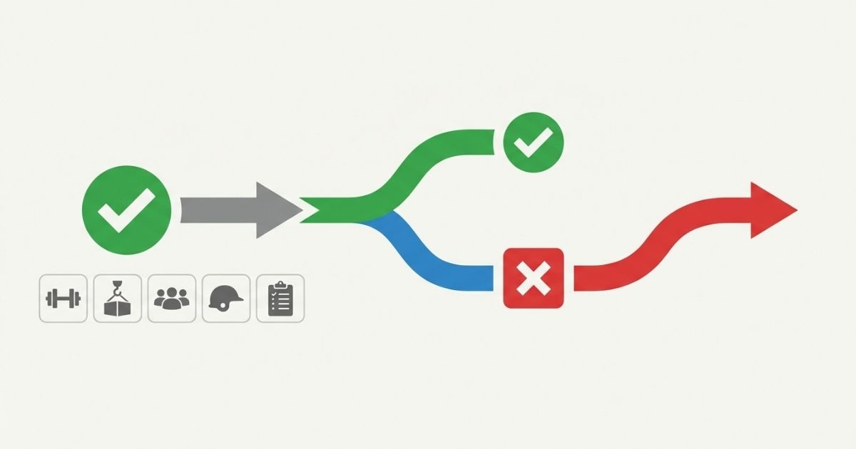 玉掛けの必要不要を作業条件で分岐して判断する軸を示す図解