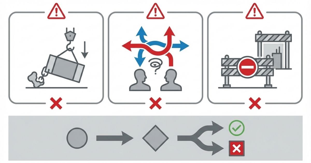 玉掛けの判断ミス3パターンと再判定の分岐を示す図解