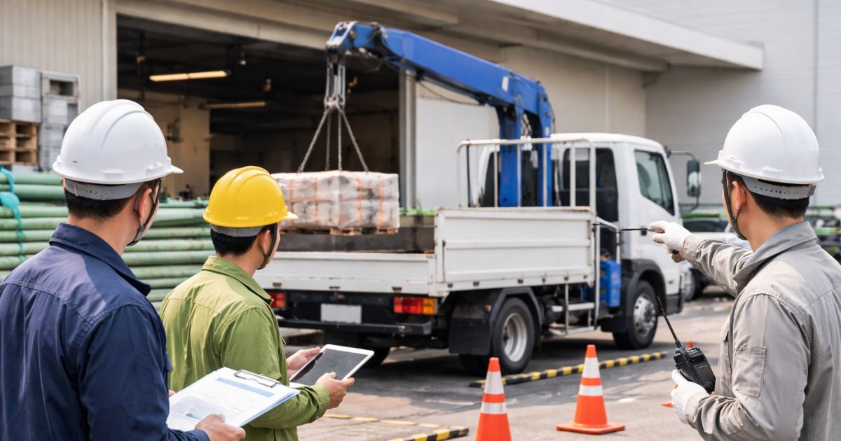 玉掛け前に役割分担と安全条件を確認する2tユニック現場イメージ