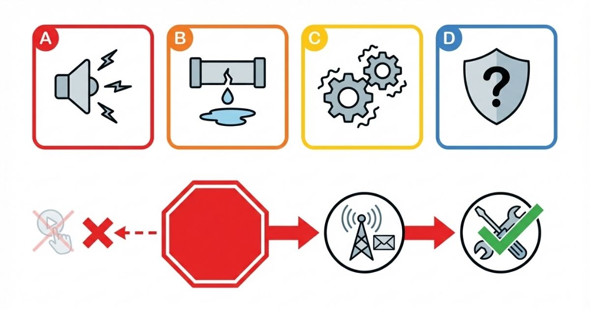 異常兆候があれば使用中止して報告・整備へつなぐ流れの図解
