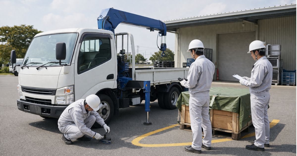 2tユニック作業前に安全確認と点検をしている現場イメージ