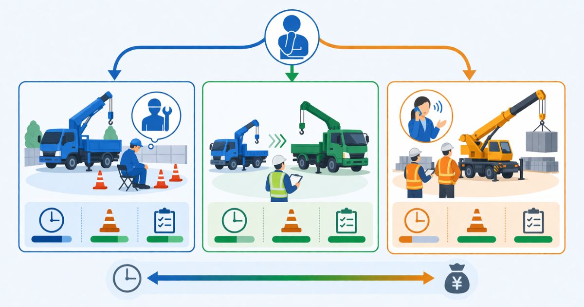 復旧待ちと代替車両と外注の選択肢を比較した図解