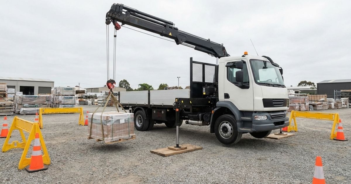 2tユニック車で資材を安全に積み降ろししている現場のイメージ写真