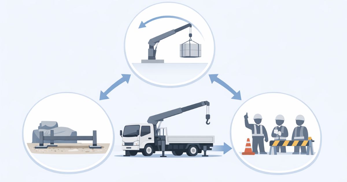 2tユニックの積み降ろし判断で見る設置・半径・体制の図解