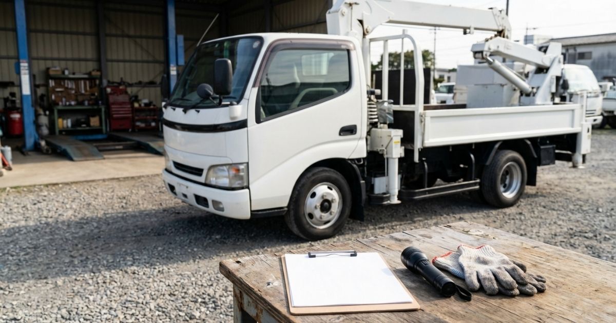 中古の2tユニックを展示場で現車確認する購入判断の雰囲気を伝える写真