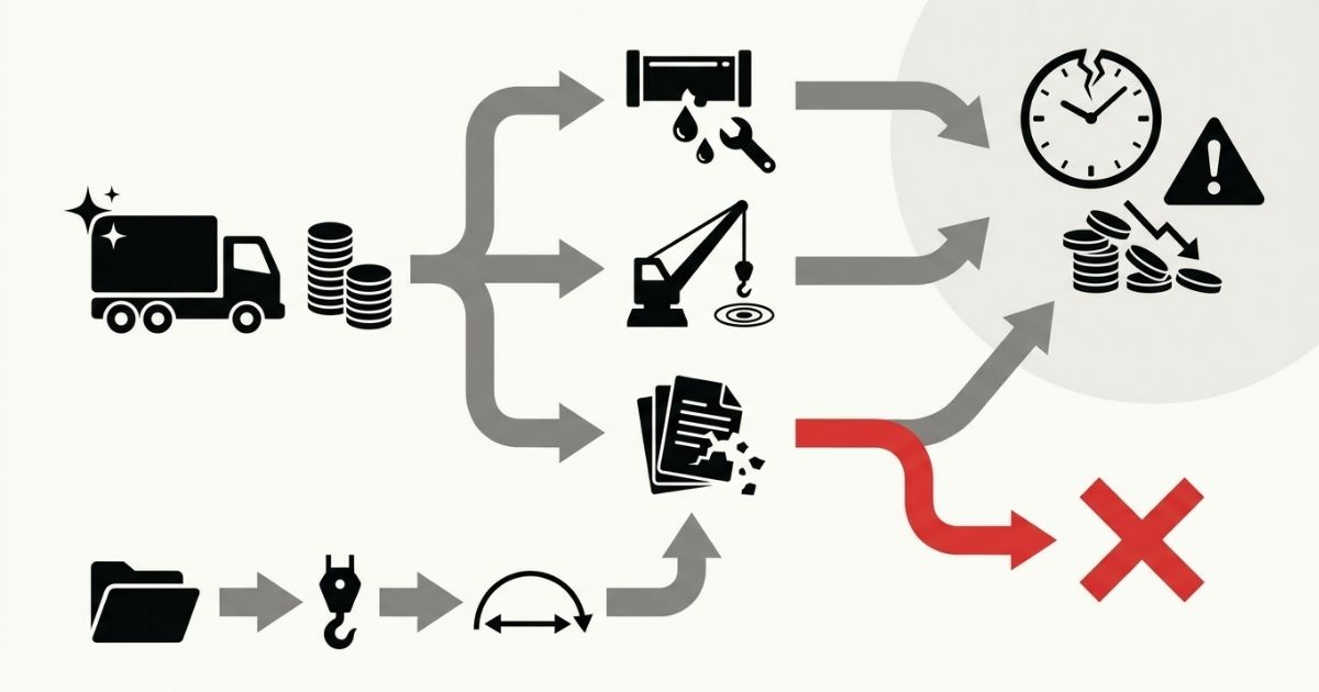 作動不良・用途不適合・書類不整合の失敗分岐と見送り判断を示す図解