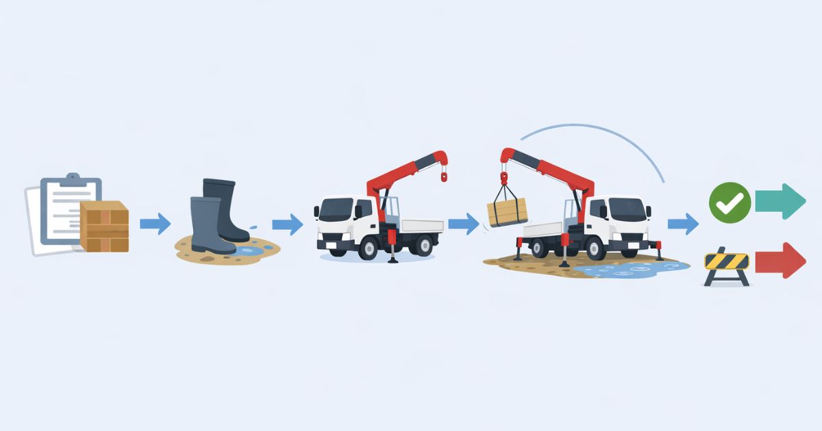 2tユニック雨天作業の確認から中止判断までの流れを示す図解