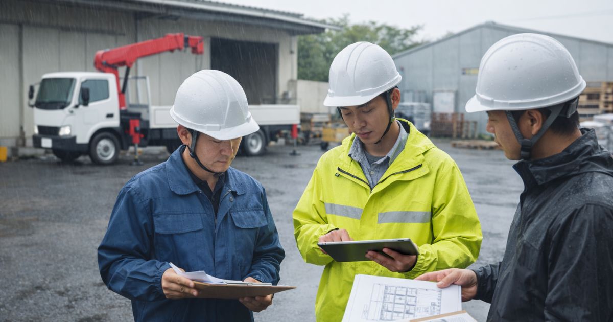 雨天の現場で2tユニック作業の続行可否と代替案を協議する実務イメージ