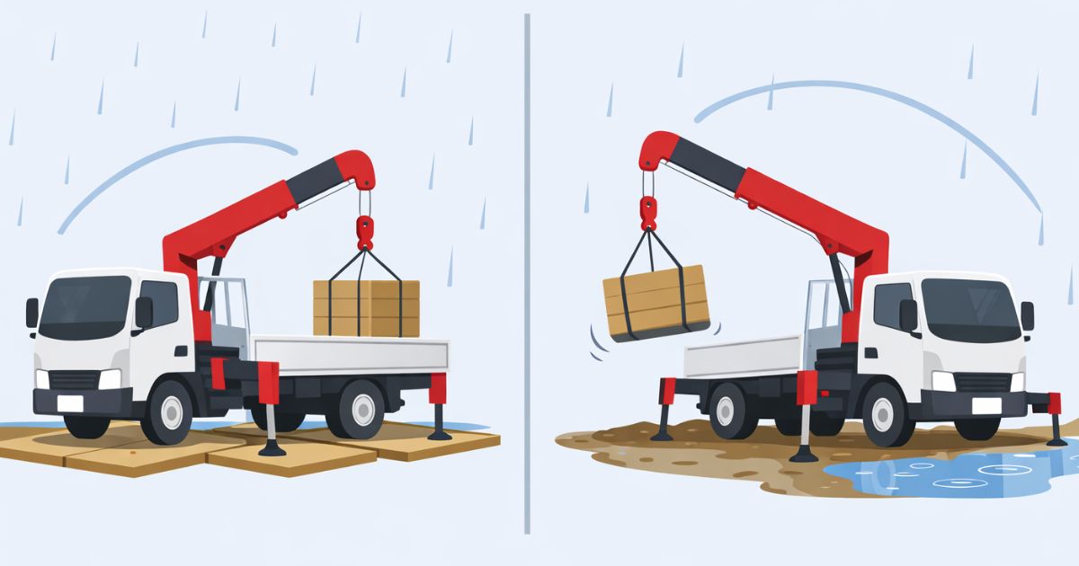 雨天時の2tユニック作業で実施可能な条件と中止条件を比較した図解