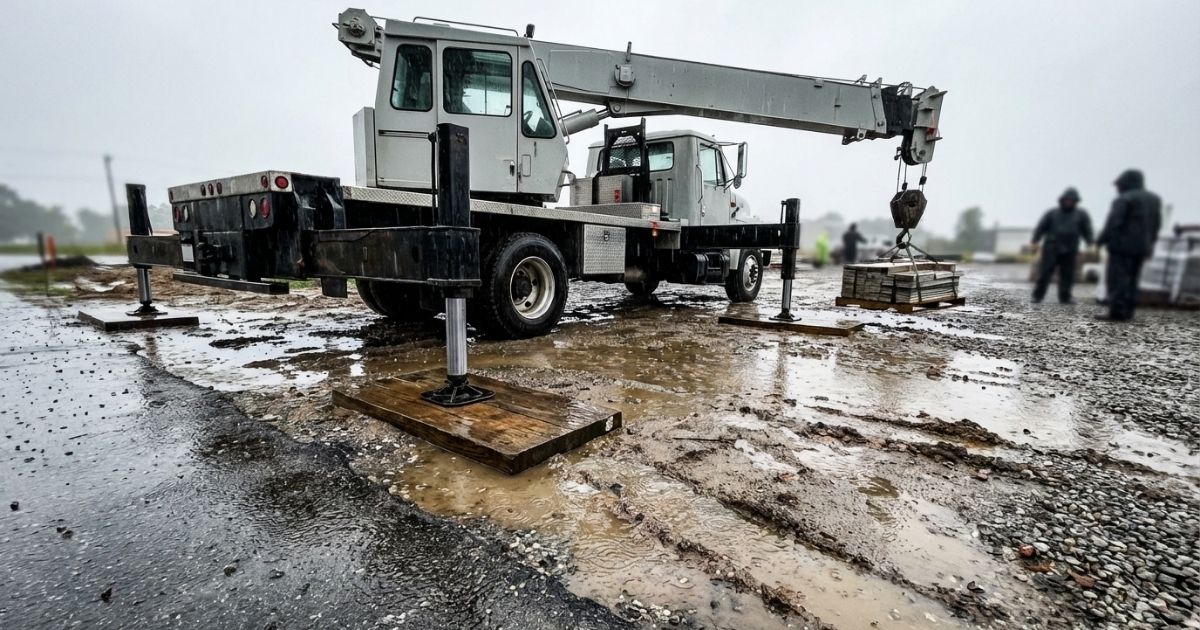 雨で足元が悪化した現場で作業可否を迷いやすい2tユニックの状況写真