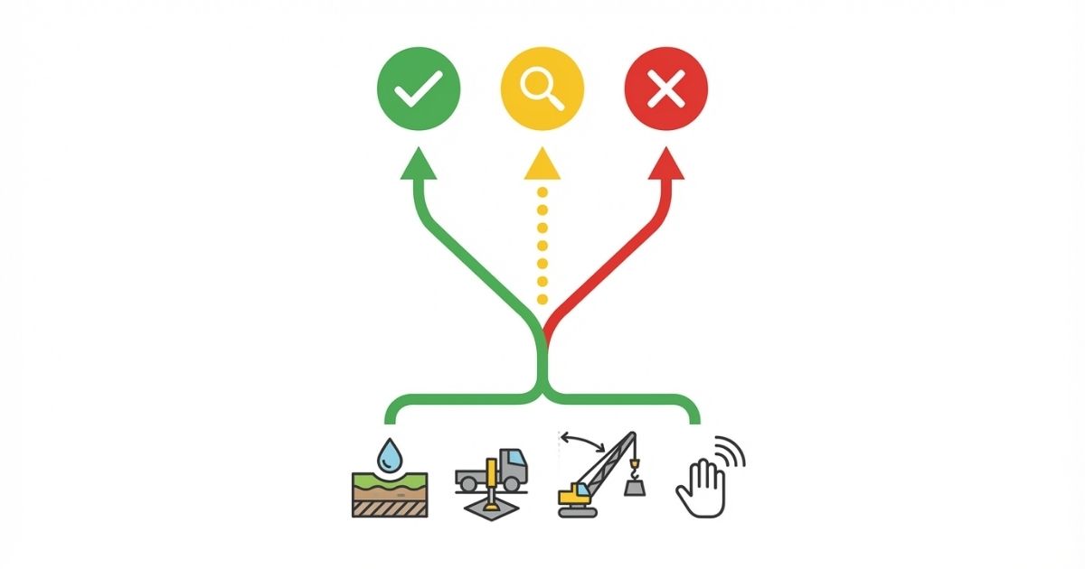 雨天時は条件の成立で実施・確認・中止を切り分ける判断軸の図解