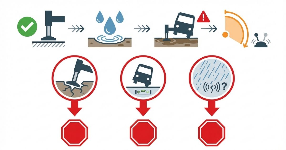 雨で条件が崩れる流れと即停止すべき危険信号を示す図解