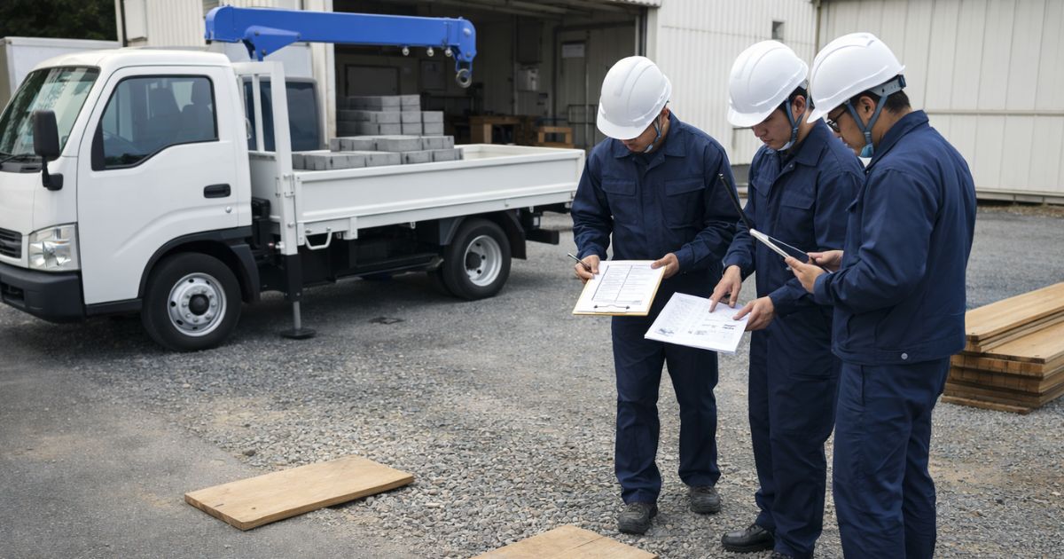 2tユニック作業前に現場条件を確認している写真