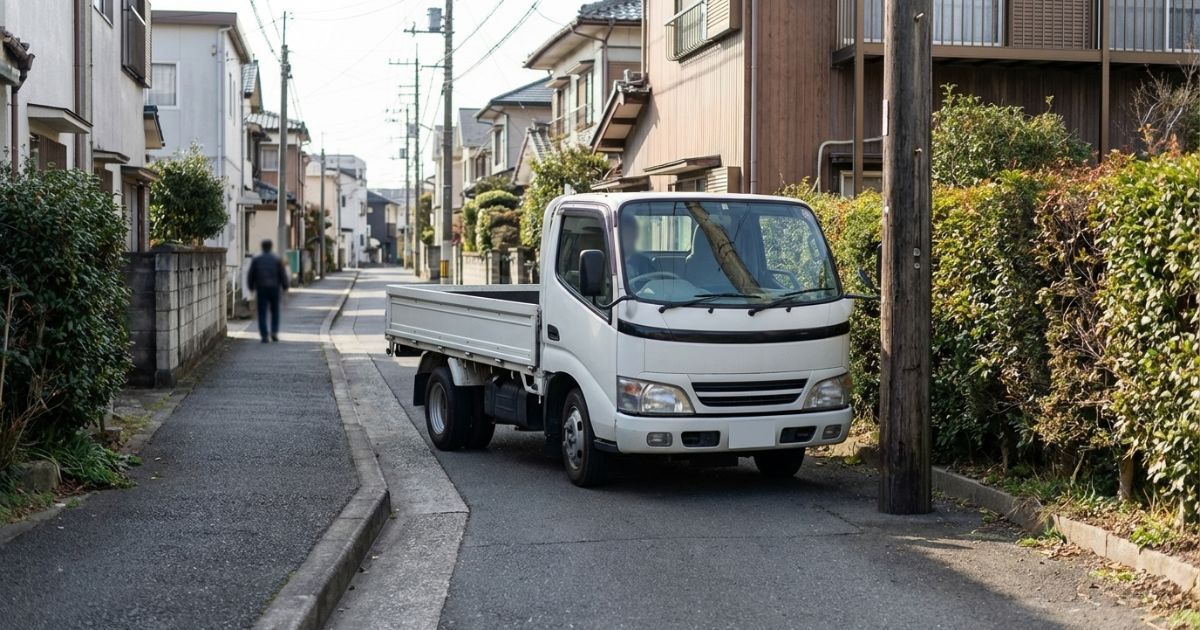 電柱や縁石が連続して寄せられず、幅の余裕が消える狭い道を2トントラックが走るイメージ